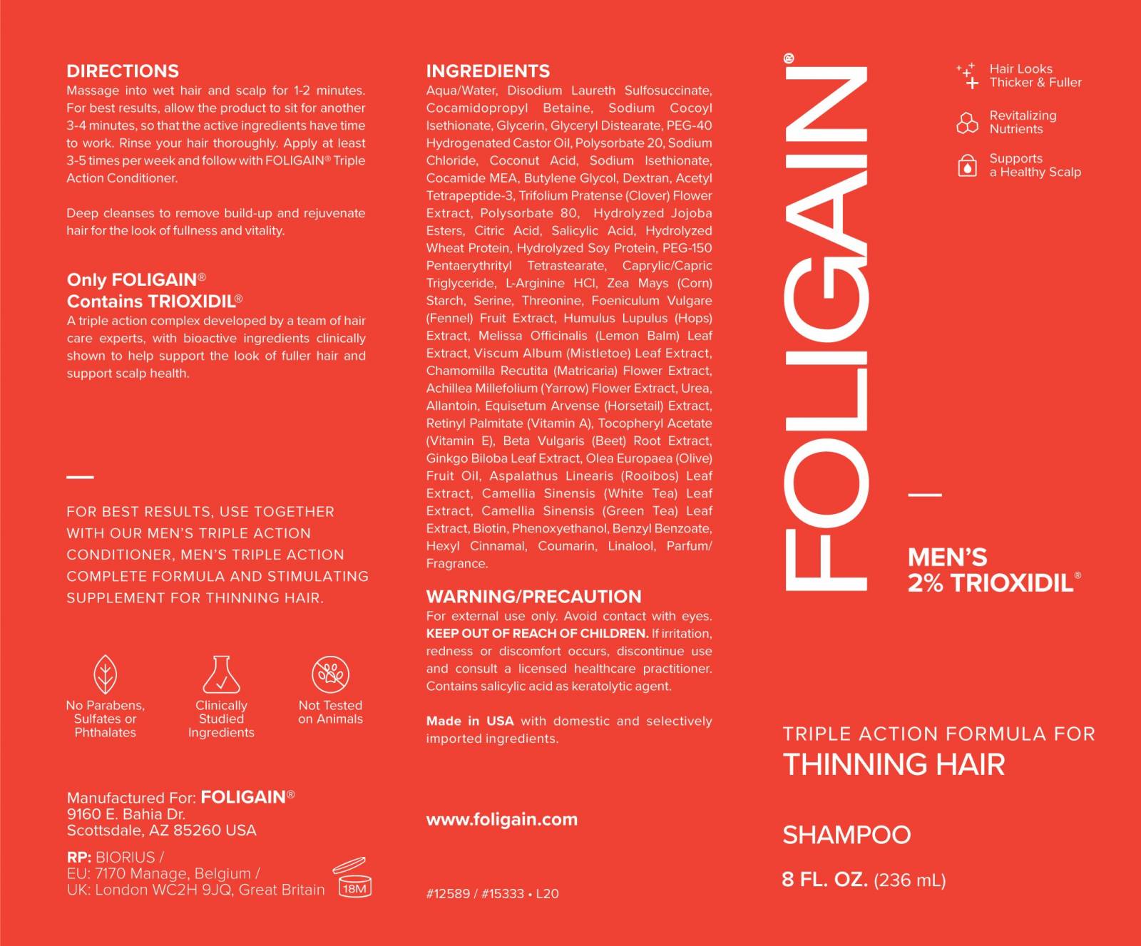 Foligain triple action shampoo USA (Για άνδρες με τριοξιδίλη 2%) - 236ml