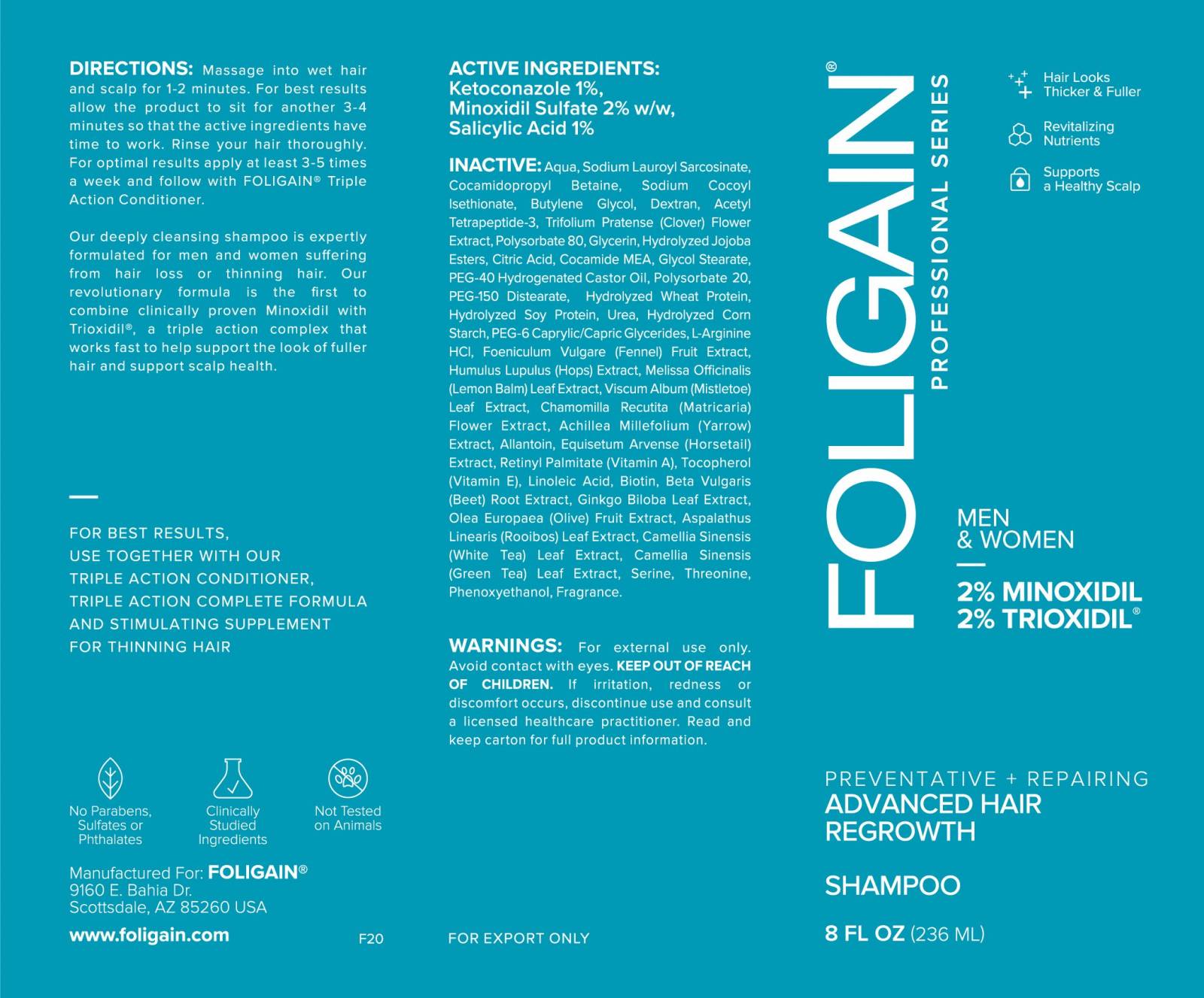 Foligain advanced hair regrowth shampoo USA(Unisex με μινοξιδίλη 2% + τριοξιδίλη 2%)