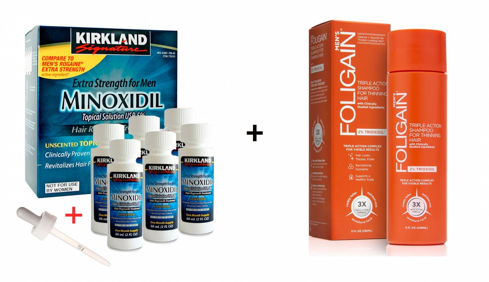 Μινοξιδίλη Kirkland 5% (Σετ 6 τεμ) + Foligain triple action shampoo USA (Τριοξιδίλη 2%)