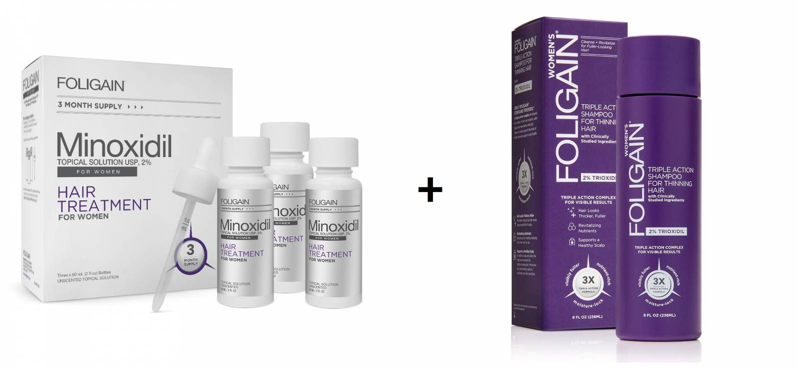 Foligain USA υγρή μινοξιδίλη 2% (Σετ 3 τεμ.) + Foligain triple action shampoo USA (Με τριοξιδίλη 2%)